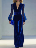 SelenaClers| Mono largo de terciopelo real con escote en V y mangas largas de rejilla, elegante y retro.