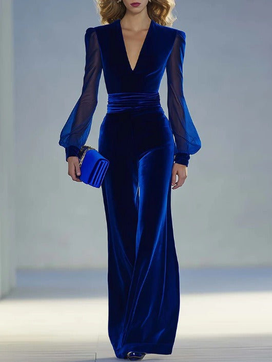 SelenaClers| Mono largo de terciopelo real con escote en V y mangas largas de rejilla, elegante y retro.