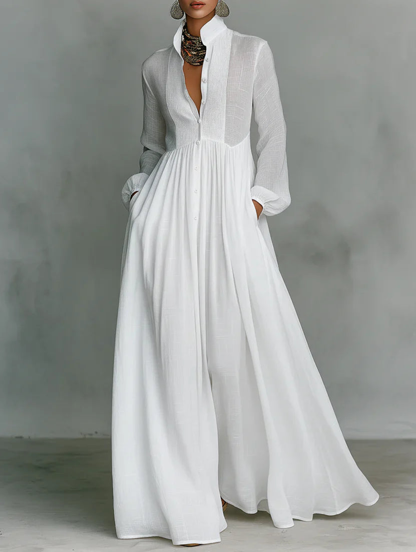 SelenaClers| Maxi minimalista de algodón y lino con cuello alto y mangas largas