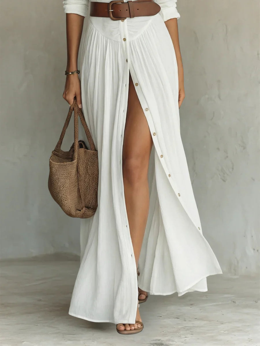 SelenaClers| Vestido largo con cuello vuelto y mangas de lino