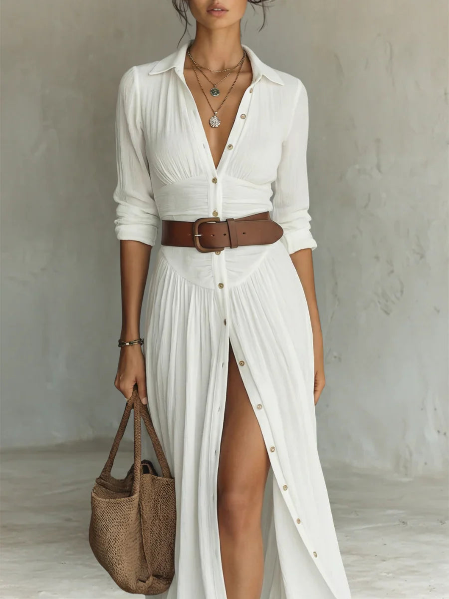 SelenaClers| Vestido largo con cuello vuelto y mangas de lino