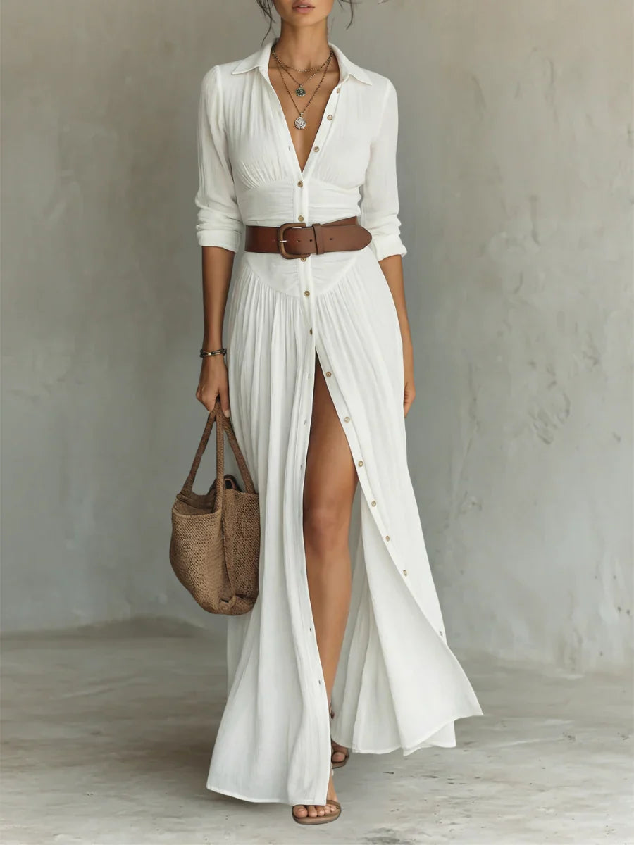 SelenaClers| Vestido largo con cuello vuelto y mangas de lino