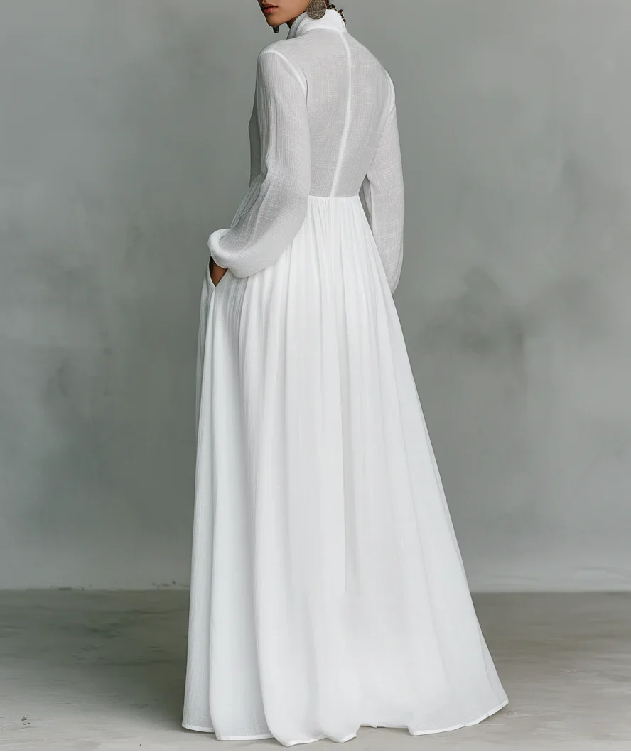 SelenaClers| Maxi minimalista de algodón y lino con cuello alto y mangas largas