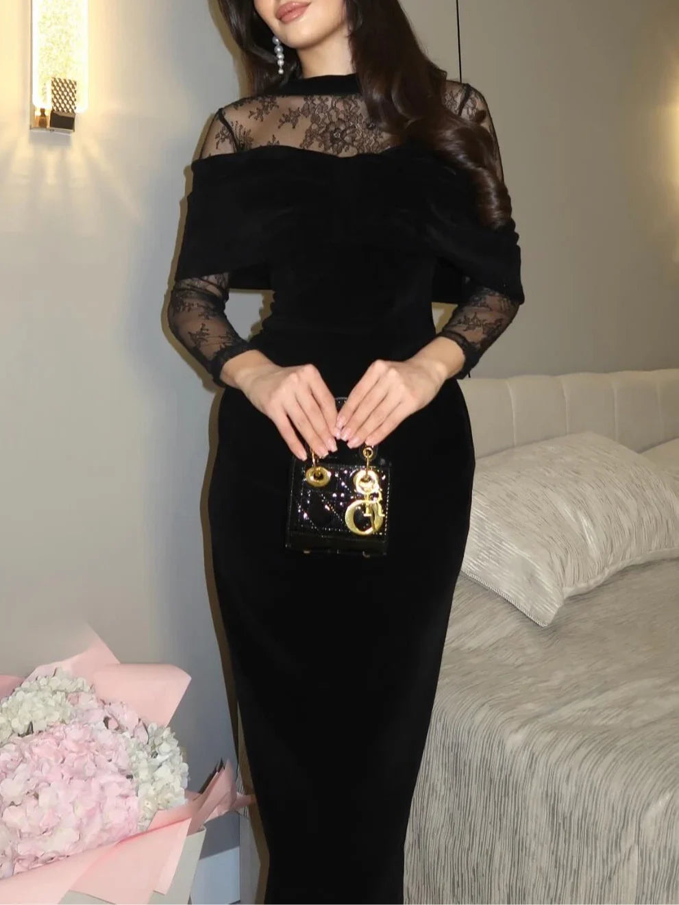SelenaClers| Vestido largo ajustado de terciopelo negro con ribete de encaje