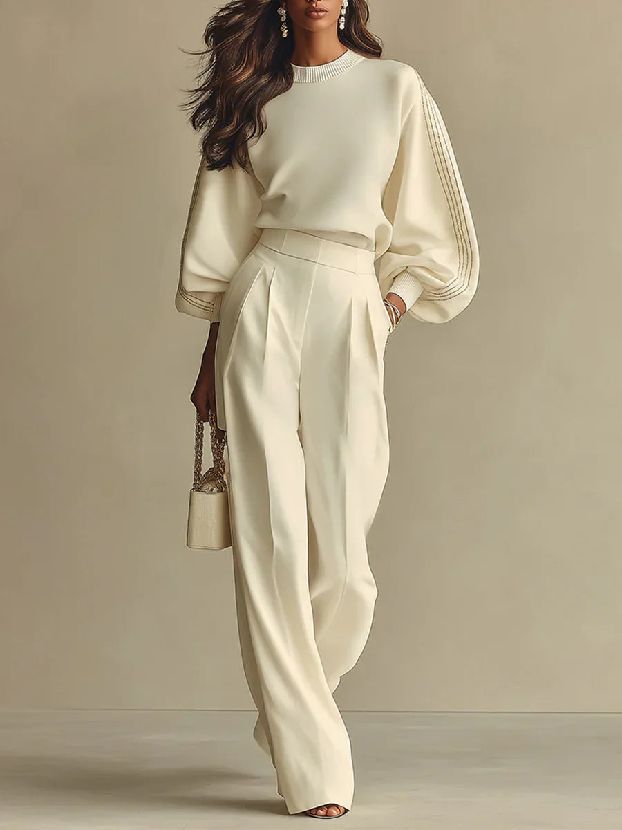 SelenaClers | Traje de top de cuello redondo y pantalón ancho