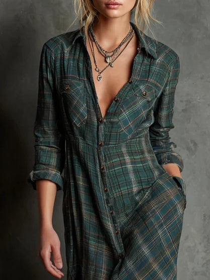 SelenaClers| Vestido largo a cuadros verde clasico
