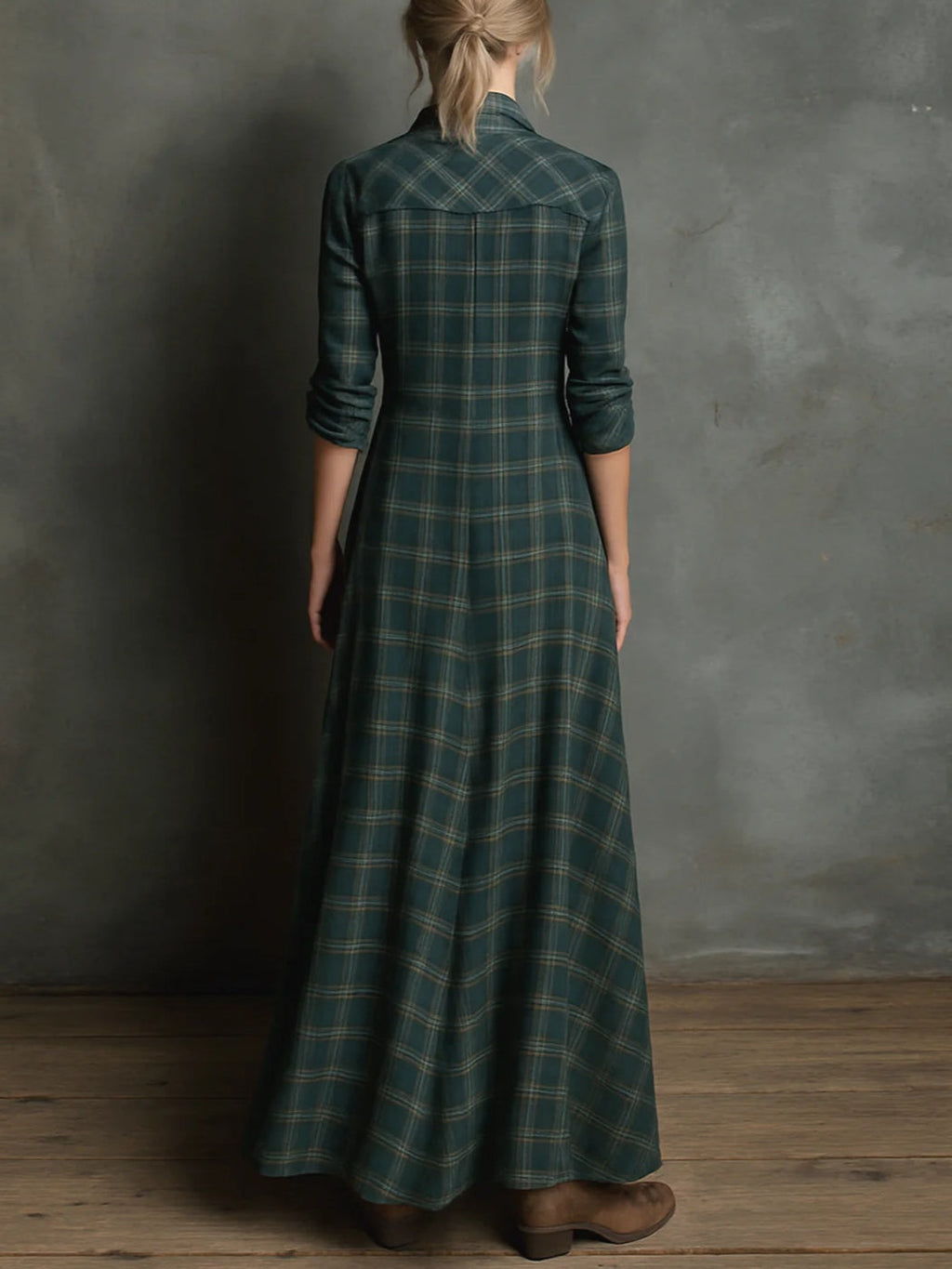 SelenaClers| Vestido largo a cuadros verde clasico
