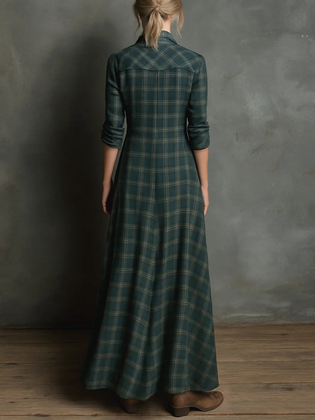 SelenaClers| Vestido largo a cuadros verde clasico