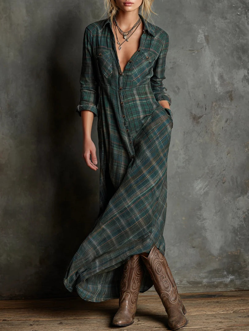 SelenaClers| Vestido largo a cuadros verde clasico