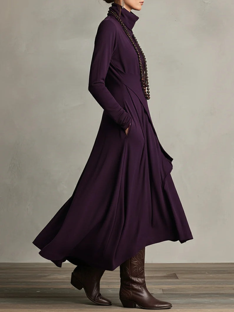 SelenaClers | Vestido largo plisado asimétrico con cuello alto morado