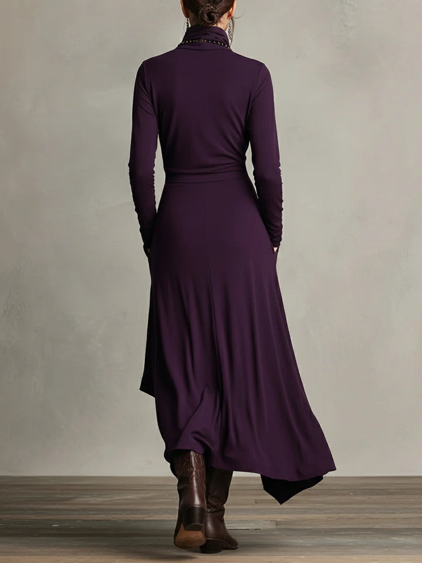 SelenaClers | Vestido largo plisado asimétrico con cuello alto morado