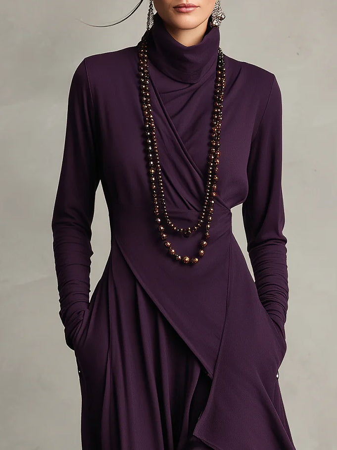 SelenaClers | Vestido largo plisado asimétrico con cuello alto morado