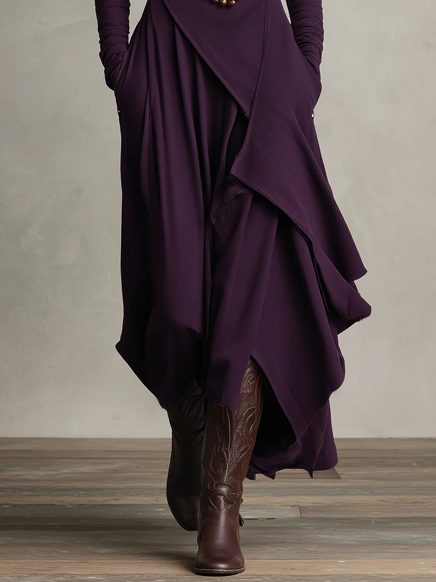 SelenaClers | Vestido largo plisado asimétrico con cuello alto morado