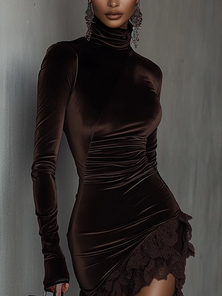 SelenaClers | Vestido de terciopelo con cuello alto y bajo de encaje