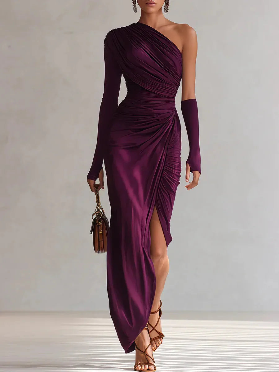 SelenaClers | Elegante vestido largo morado sexy con un solo hombro