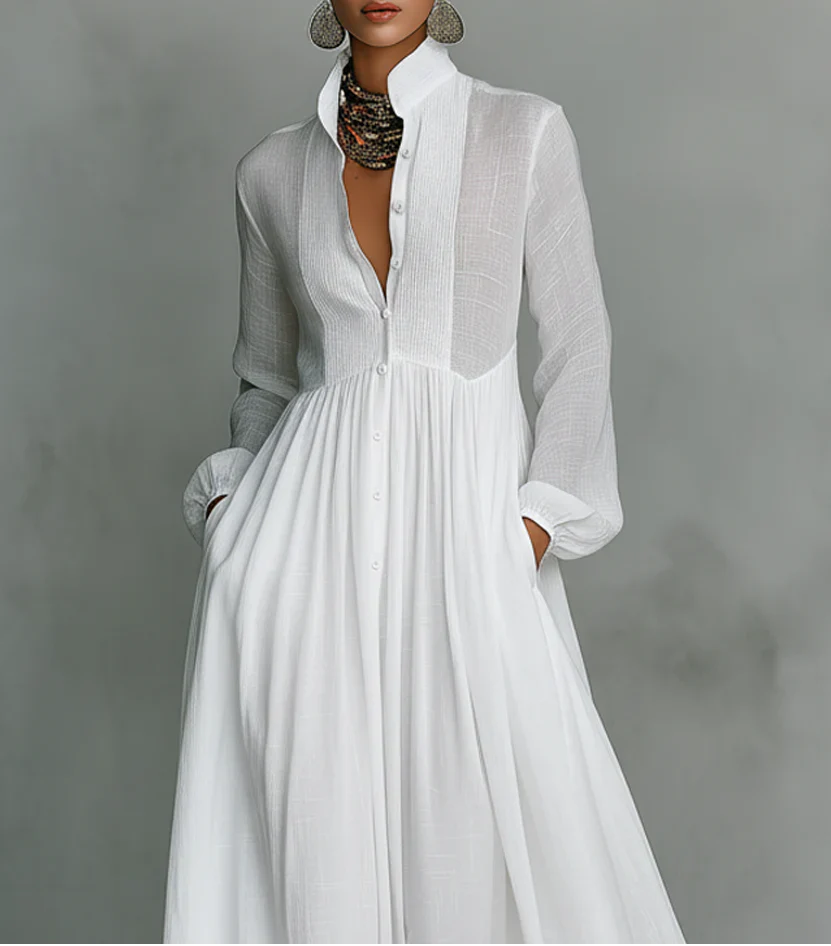 SelenaClers| Maxi minimalista de algodón y lino con cuello alto y mangas largas