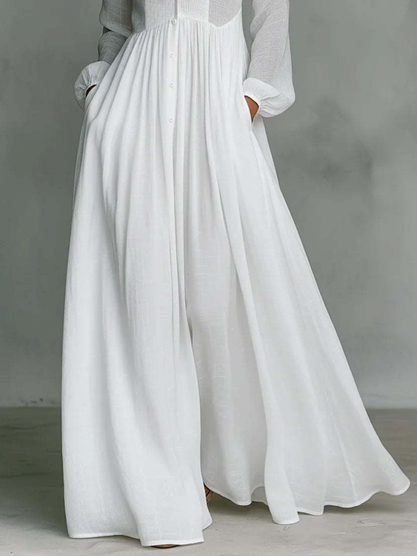 SelenaClers| Maxi minimalista de algodón y lino con cuello alto y mangas largas