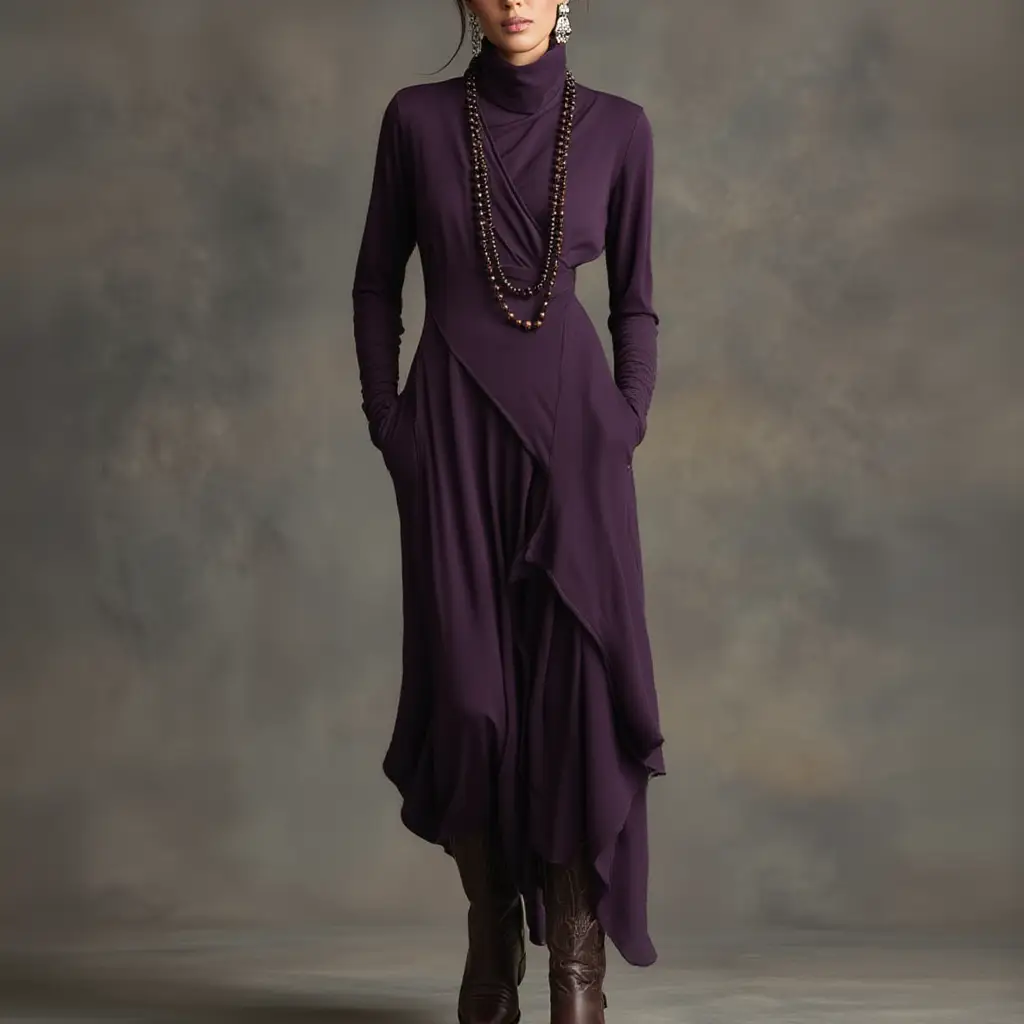 SelenaClers | Vestido largo plisado asimétrico con cuello alto morado